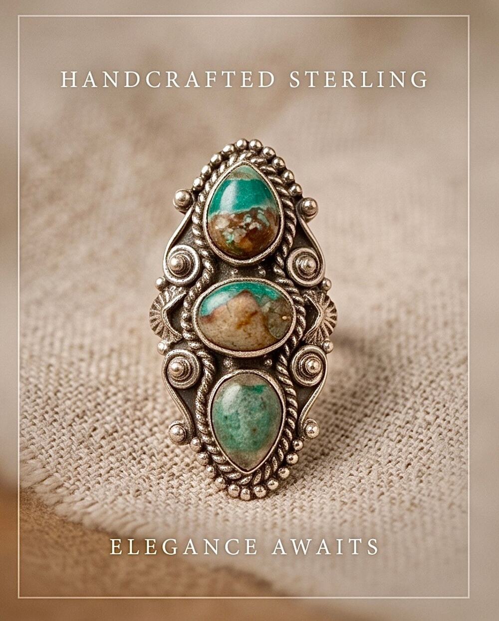 Royston Turquoise Three Stone Sterling 925 Ring Size 9 Adjustable